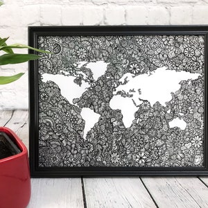 Carte du monde-Zentangle carte-art print-carte oeuvre-Wall Decor-Zentangle art-tentures murales-carte impression-par GraceandGloriaCo