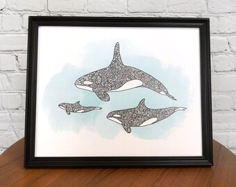 Orca Whale Print - Orca Whale Family - Art Print - Killer Whale Art - Ocean Art Print - Wall Decor - Wall Hangings - By GraceandGloriaCo