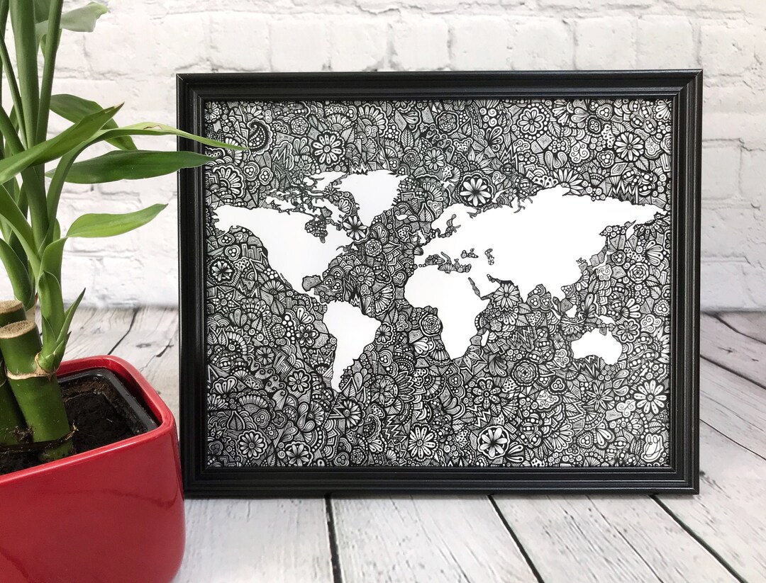 World Map - Zentangle Map - Art Print - Map Artwork - Wall Decor ...