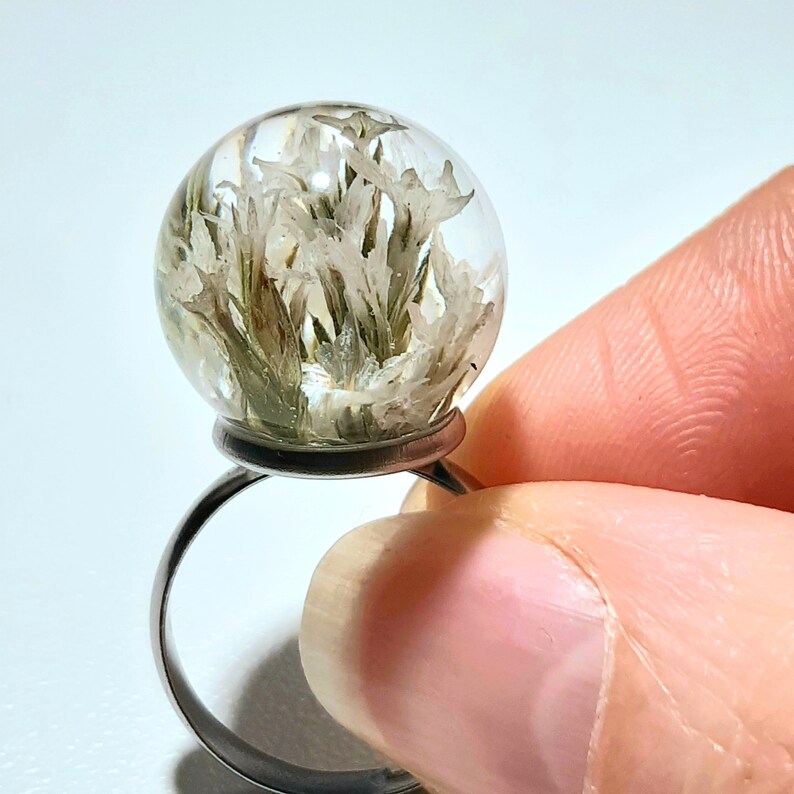 unique gift Real flower ring birthday gift adjustable ring flower jewelry gift for her boho white ring botanical ring sphere ring