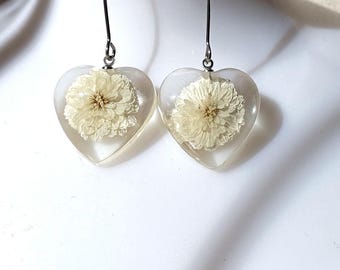 Heart Flower Earrings, White earrings, Stainless Steel Hooks