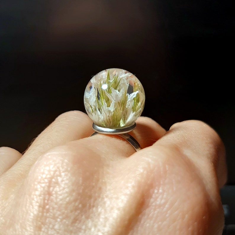 unique gift Real flower ring birthday gift adjustable ring flower jewelry gift for her boho white ring botanical ring sphere ring