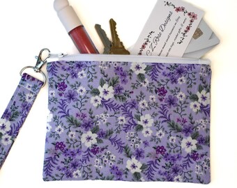 Purple and White Floral Clutch Handbag with Wristlet