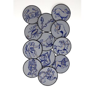 12 Large Zodiac Iron-On Patches - Complete Set of All Zodiac Signs - Silver with Gold Constellation - 100% Handmade Embroidered Patch