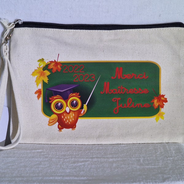 trousse pochette personnalisée merci maitresse atsem cadeau texte au choix chouette école plaisir d'offrir