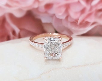 3 quilates 14K oro rosa anillo de compromiso de diamantes radiantes moissanite anillo de compromiso de diamantes radiantes anillo de banda regalo para ella