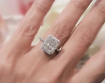 Anillo de diamantes de talla radiante de oro blanco de 14 quilates de 3 quilates, anillo de compromiso de diamantes moissanita, anillo de talla radiante de halo, regalo de anillo de banda para ella