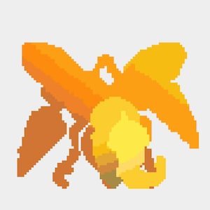 Puede incluir: Una ilustración de mariposa en pixel art amarilla y naranja con alas marrones.