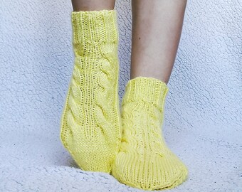 Women yellow wool socks with braids Cozy wool socks Soft knit socks Winter socks Wool slippers short socks hygge socks