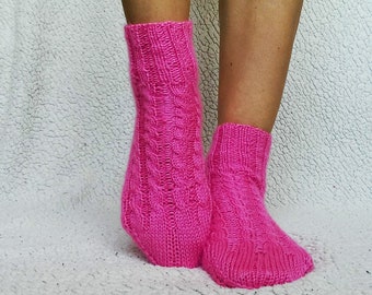 Women pink wool socks with braids Cozy wool socks Soft knit socks Winter socks Wool slippers short socks hygge socks