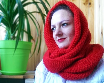 Red Mohair Knit Infinity Scarf: Oversized Winter Circle Scarf