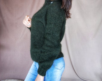 Dark green fluffy sweater Knit angora pullover  Cropped sweater color bottle Vest est pulover with high collar Women chunky sweater Size S-M