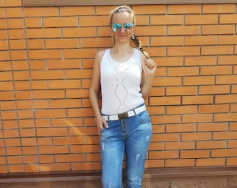 White knit shirt made cotton and microfiber Summer knitted women's casual  tank top
