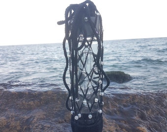 Crochet water bottle holder with beads Mesh bag for bottle with long shoulder Boho cochet carrier