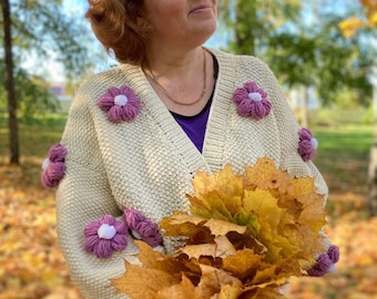 Cardigan with large flowers Chunky flower cardigan Oversized colorful cropped cardi