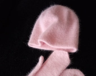 Set angora hat and mittens light pink color Angora hat with pompon Fluffy angora accessory for women Warn winter double sided beanie hat