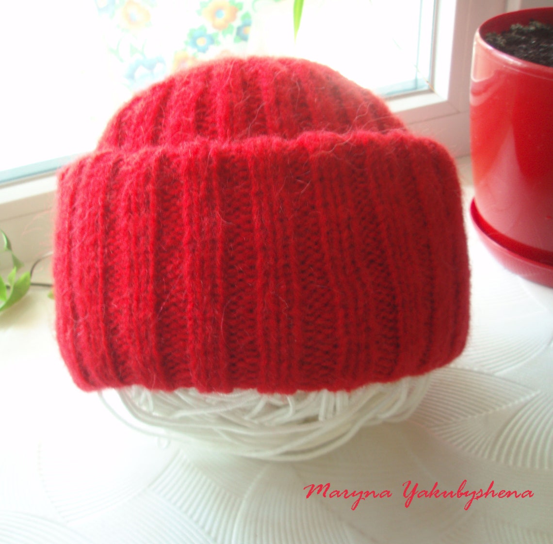Red Women's Warm Hat Made of Mohair A Warm Volumetric Cap in Two Turns