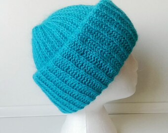 Women's Winter Mocher Hat Fluffy volumetric cap in two turns Blue hat Winter accessory