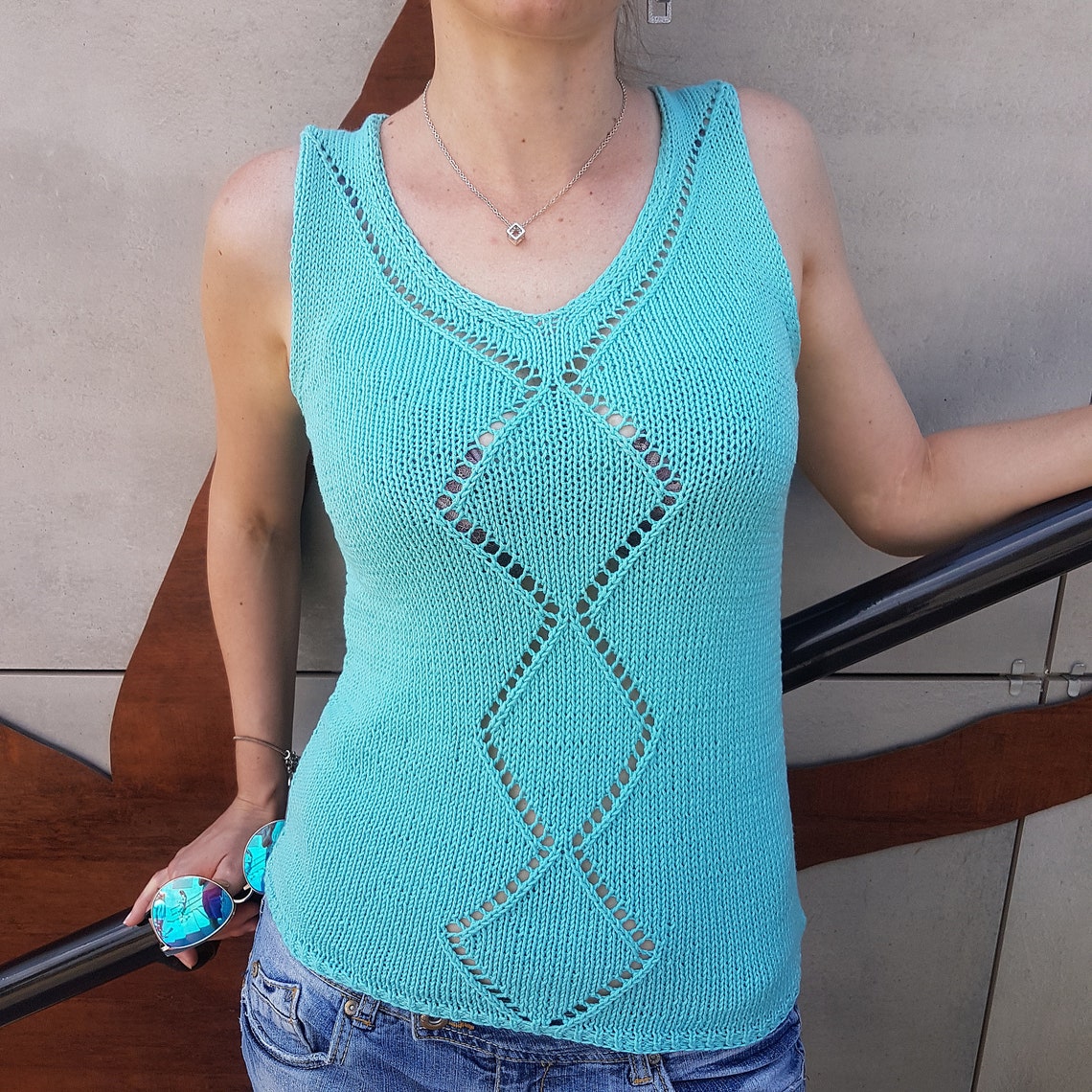 Turquoise Summer Knitted Women's Casual Tank Top Shirt - Etsy UK