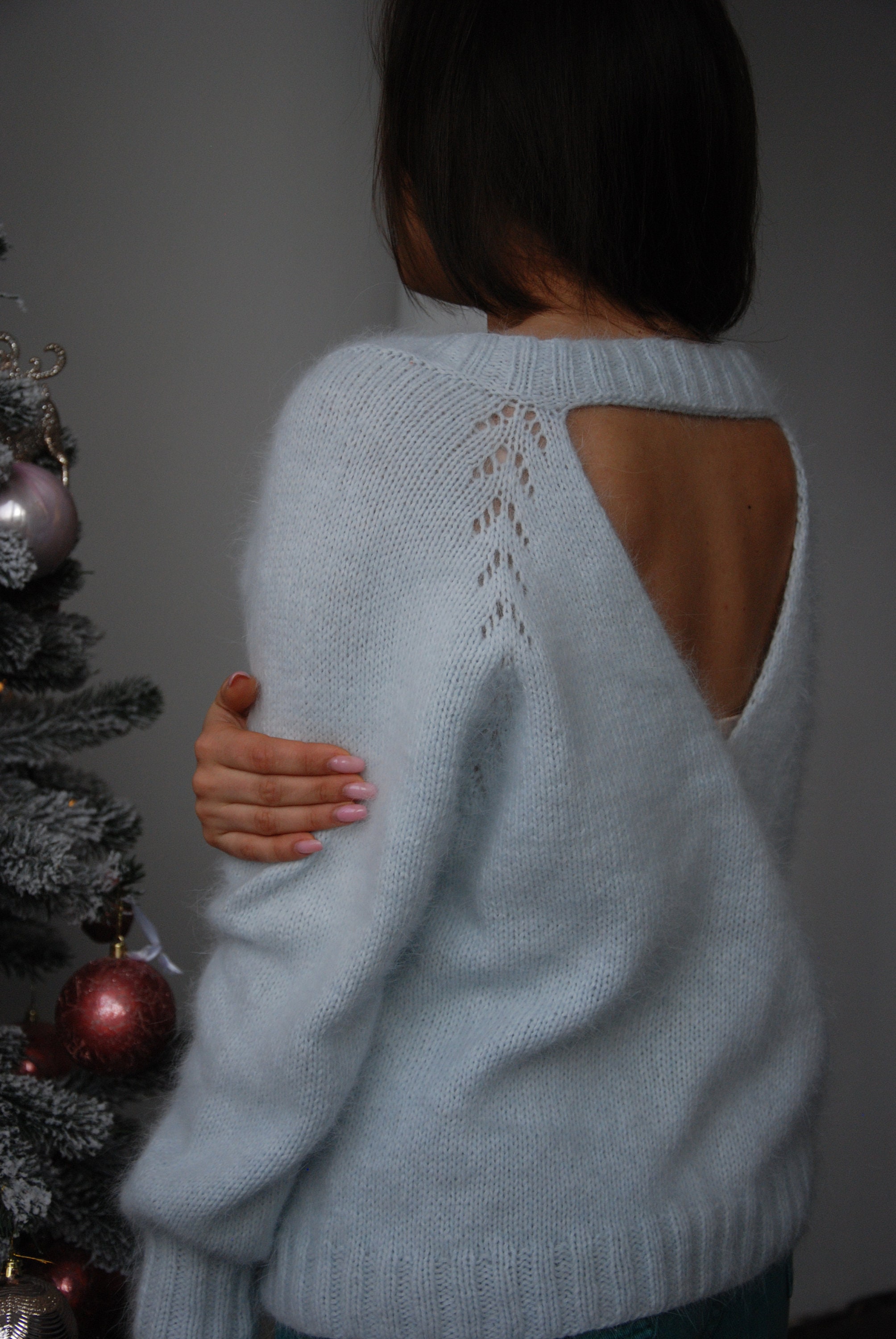 Knit Angora Sweater Light Blue Fluffy Cardigan Cropped Sweater
