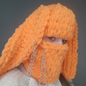Plush winter balaclava with bunny ears Orange plush balaclava Ski mask Winter hat animal Funny balaclava hat