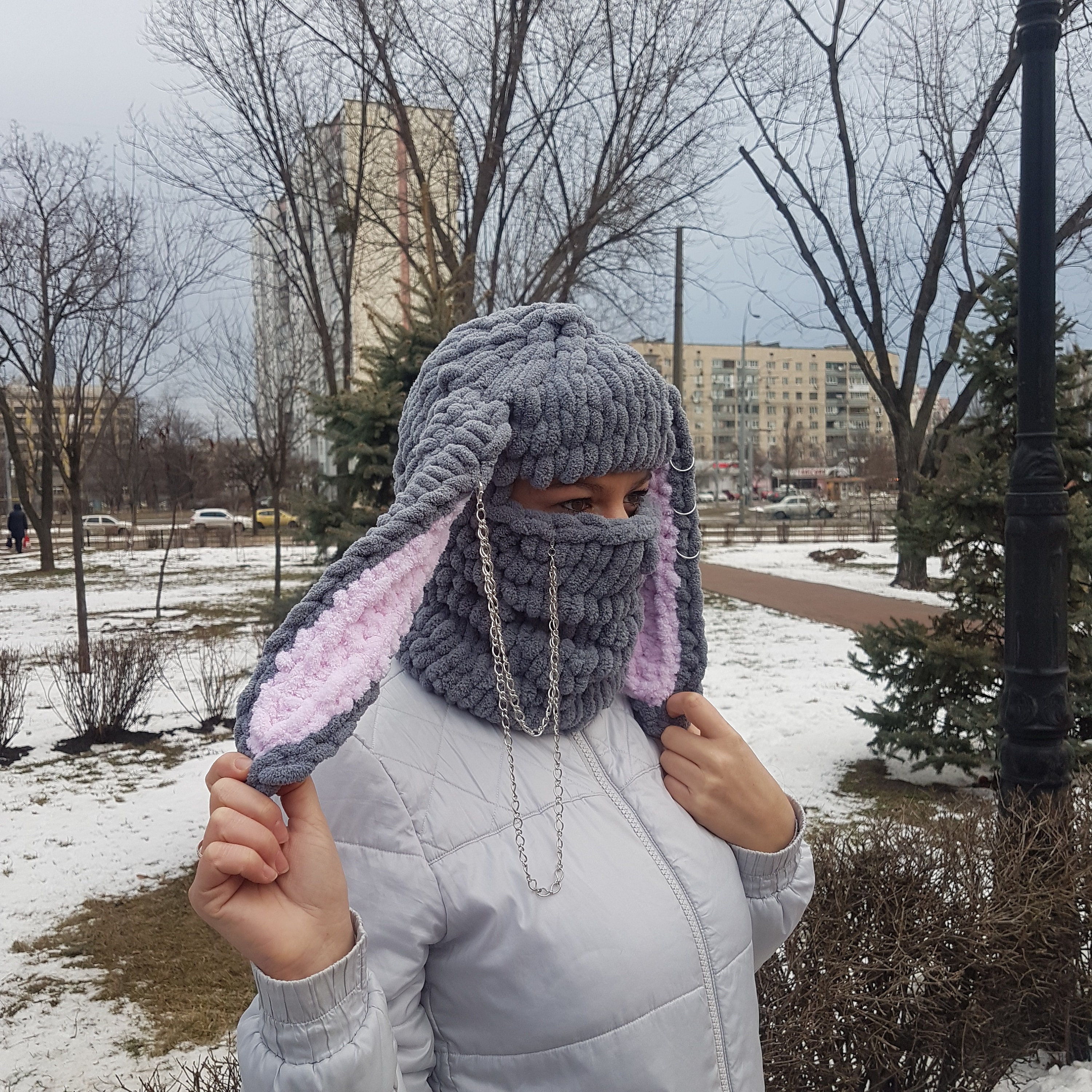 Women Girls Crochet Balaclava Hat 1-Hole Knit Face Mask 3D Funny Bunny Ears Sweater Beanie Hat With Scarf Headwear