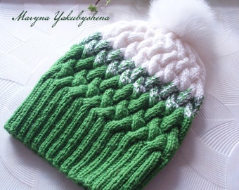 Knitting hat Women hat Hat with Pompom Ombré Knit Hat GRADIENT HAT Green and white Knitting hat with braids Cap Gift