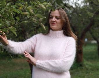 Pink angora sweater Soft fluffy color in choice sweater Fluffy vest pulover Handmade women chunky sweater Size S-M-L