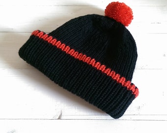 Unisex black knit hat with red pompon Men Women merino beanie Winter warm hat Fashionable cap Wool beanie Classic hat