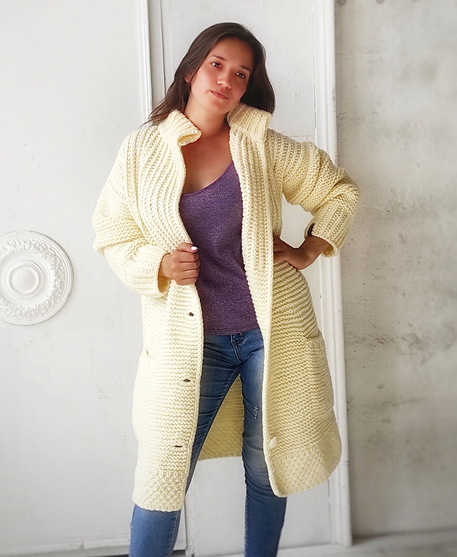 Ivory Oversize Knit Cardigan for Women Wool Cardigan Style Etsy