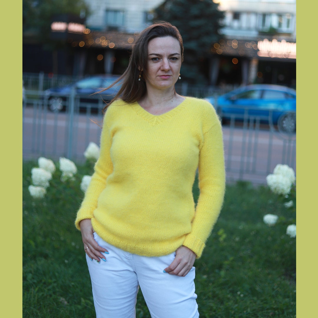 Yellow Angora Fluffy Knitted Angora V-neck Sweater Yellow Colors Angora Pullover ...