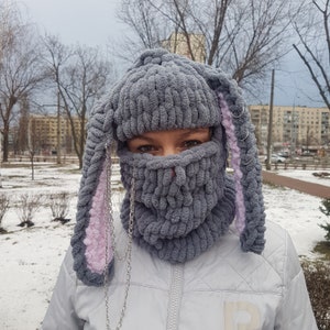 Plush winter balaclava with bunny ears Ski mask Winter hat animal Funny balaclava hat