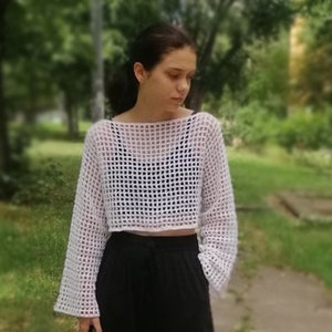 Top in rete all&#39;uncinetto, bolero in rete, maniche lunghe in maglia, abbigliamento da festa, colore a scelta