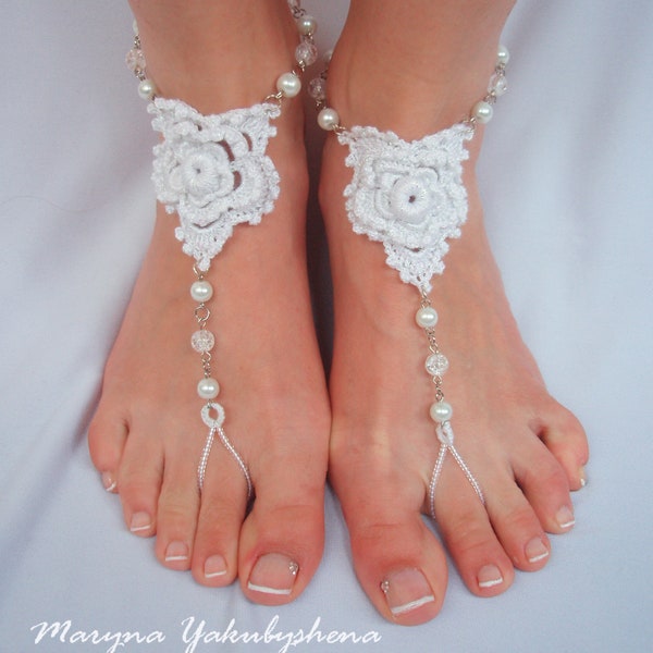 Footless sandals wedding Crochet barefoot sandals white Beach wedding shoes Hippie wedding foot Boho jewerly foot Beach bridesmaid gift