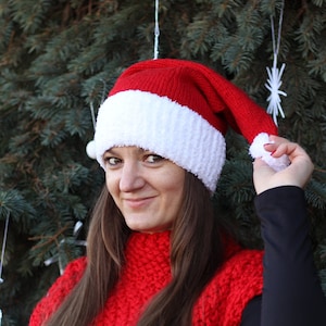 Knitted Santa hat for women Christmas hat Adult knitted chrismtas beanie Santa Hat with Elongated Tail