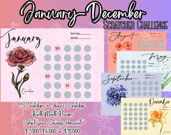 12 Month Scratcher Savings Challenge, Birth Month Flowers, 12 Scratchers Plus Bonus Scratcher, Save 2,000, 5,000 or 10,000, Select Savings