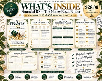 Financial RX Money Reset Binder | 41-Page Budget Planner | Savings, Debt Payoff & Money Challenge Cards | Digital Download