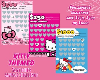 May include: Kitty-themed scratcher savings challenge cards in pink, blue, and white. The cards feature a Hello Kitty design and text that reads "£250", "£500", and "£1000" with heart-shaped scratch areas. The text "Fun Savings Challenge" is also visible.
