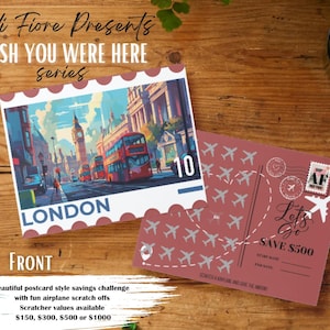 May include: A red and white scratch-off card with a London postcard design. The card says "Let's Go Save $500" and has a plane design. The back of the card says "Andi Fiore Presents Wish You Were Here Series".