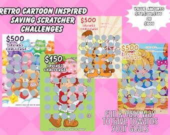 Retro Cartoon Inspired Themed Scratch Off Savings Challenge, Scratch and Save Up to 1000 Dollars ,Scratcher Savings Challenge,