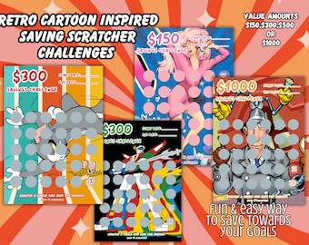 May include: Four colourful scratch-off cards with cartoon characters. Each card has a different character and a savings challenge amount: £150, £300, £300, and £1000. The text "Value Amounts £150, £300, £500 or £1000" is at the top of the image. The text "Fun & easy way to save towards your goals" is at the bottom of the image.