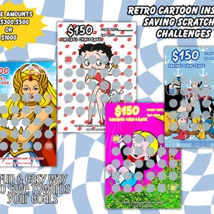 May include: Four colorful scratch-off cards with retro cartoon characters. Each card has a different character: She-Ra, Betty Boop, Popeye, and a boy from a comic strip. The cards are designed for a savings challenge with amounts of $150, $300, $500, or $1000.