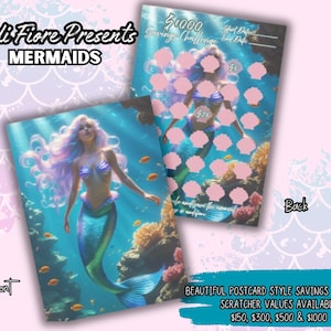 Mermaid Dreams Savings Scratcher – Seashell Scratch-Off, Postcard Style Challenge, Save 150–1000, Money Saving Challenge, Holiday Savings-S3