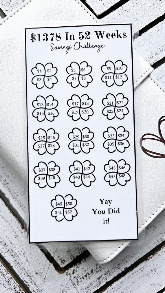 52 Week Savings Challenge | Reusable Laminated Tracker, Save 1378 Dollars