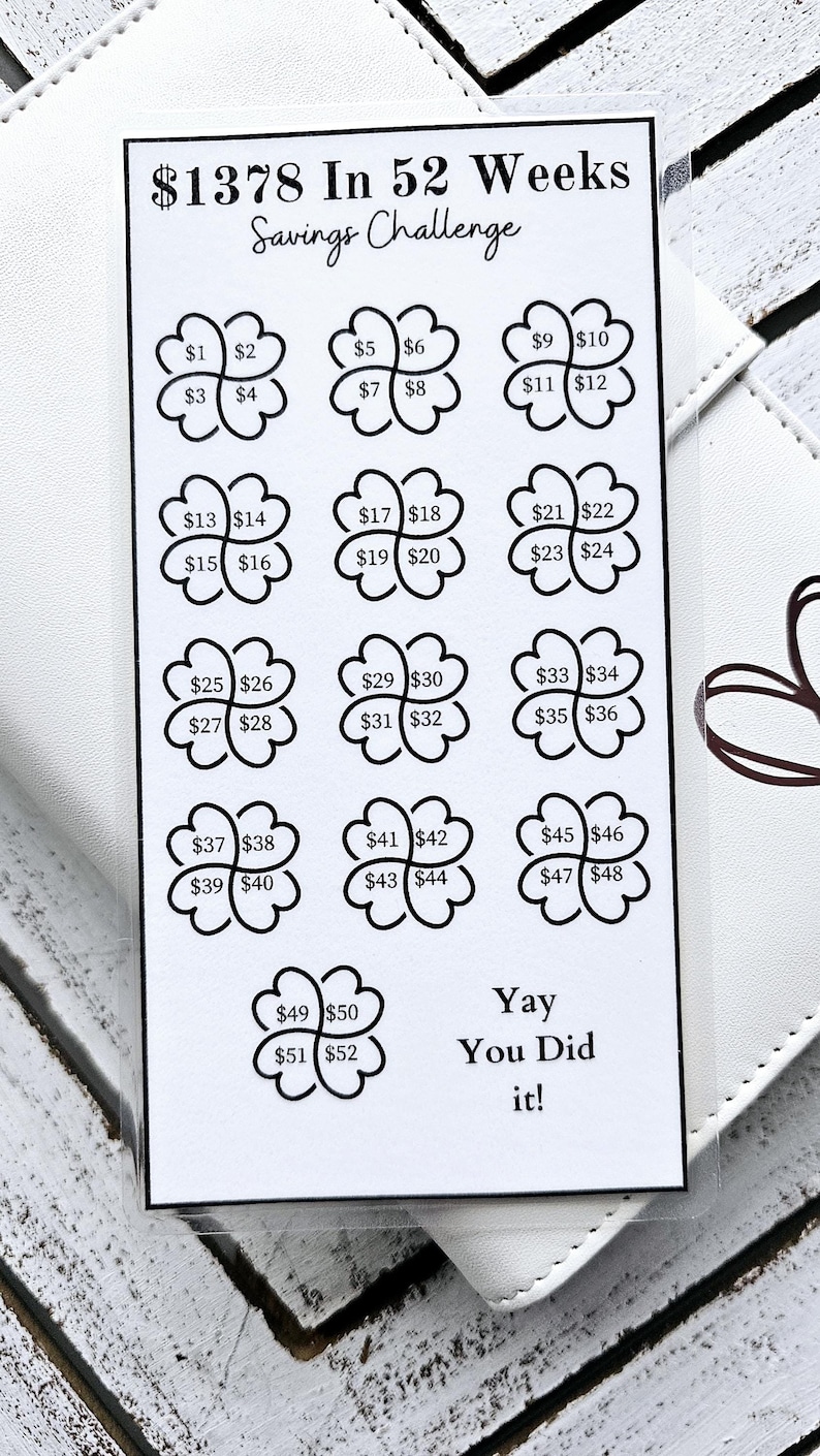 May include: A black and white printable savings challenge chart with the text "$1378 In 52 Weeks Savings Challenge". The chart is divided into 13 sections, each with a four-leaf clover design. Each clover has four numbers representing weekly savings amounts, starting with $1 and ending with $52.