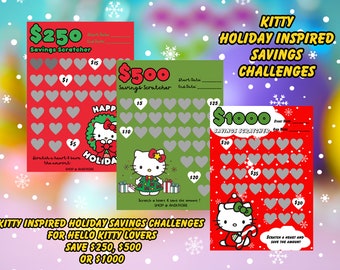 Kitty Christmas Themed Scratch Off Savings Challenge, Scratch and Save Up to 1000 Dollars ,Scratcher Savings Challenge, Values 250, 500,1000