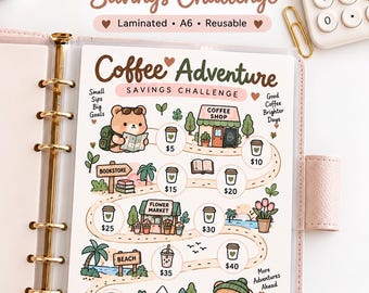 Coffee Adventure Savings Challenge, A6 Laminated Savings Tracker, Reusable Cash Stuffing Challenge, Cute Budget Binder Insert, Kawaii Saving
