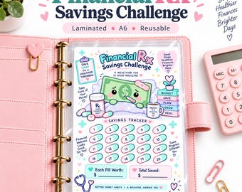 Financial Rx Savings Challenge, A6 Laminated Savings Tracker, Reusable Cash Stuffing Challenge, Budget Binder Insert, Cute Money Saver