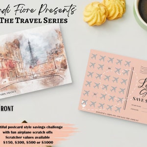 May include: A pink postcard with a gray airplane pattern and the text "Let's Go Save $1000". The back of the postcard has a watercolor painting of the Eiffel Tower in Paris, France. The text "Andi Fiore Presents THE TRAVEL SERIES" is at the top of the postcard.