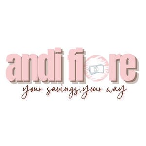 May include: Pink and white logo with the text "andi fiore" and the tagline "your savings, your way".
